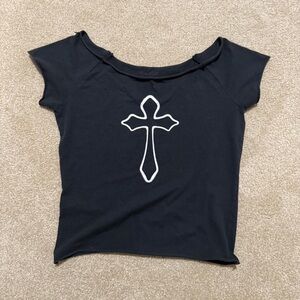 Women's Black Short Sleeve Tee with White Cross Graphic